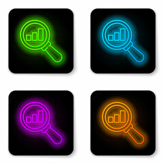 Glowing neon line Magnifying glass and data analysis icon isolated on white background. Black square button. Vector