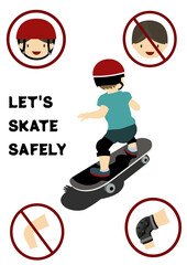イラスト素材：ヘルメット・プロテクター装備してスケートボードを練習する子供と、ヘルメットとプロテクターを装着することは安全だということを表現したアイコンのセット