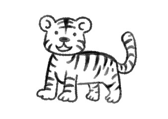 筆タッチの和風なかわいい虎のモノクロイラスト