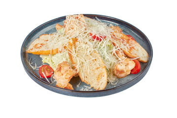 Caesar salad with shrimps, restaurant dish, image isolate