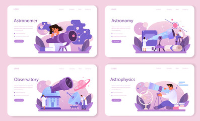 Astronomer web banner or landing page set. Professional scientist
