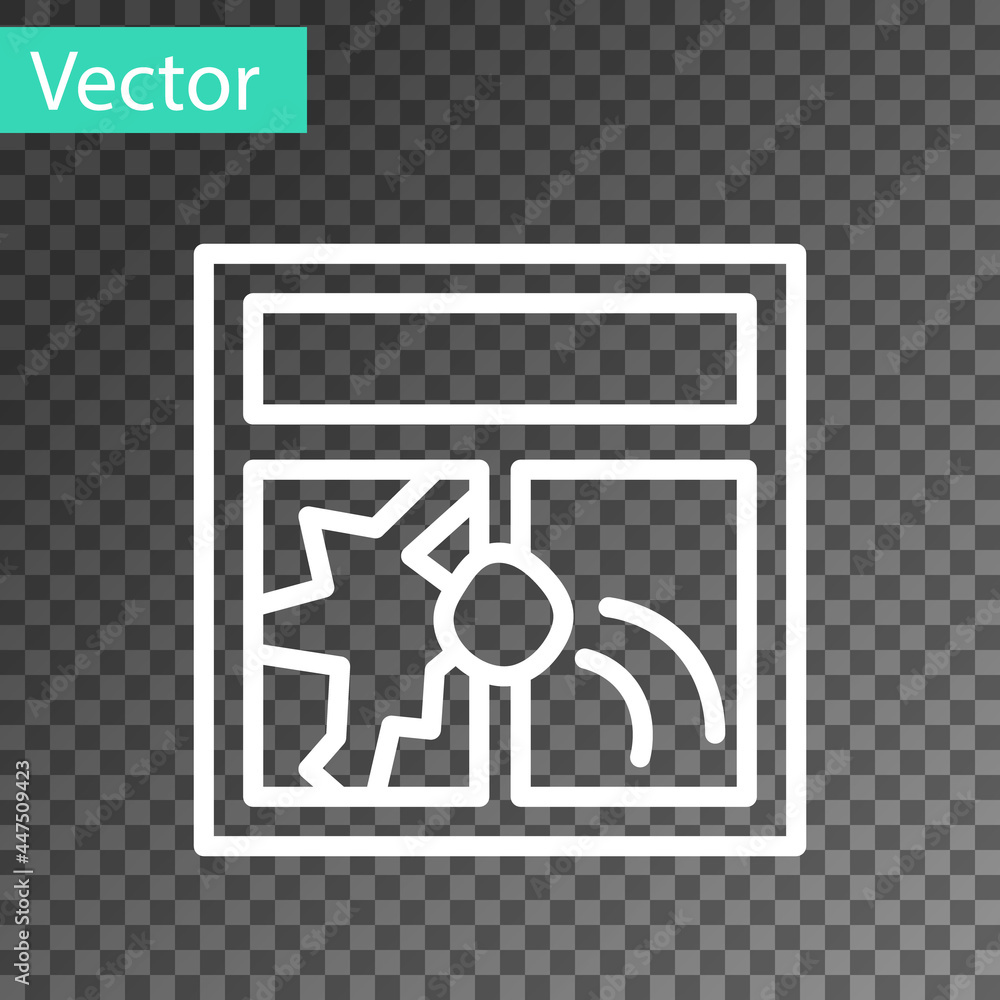 Poster white line broken window icon isolated on transparent background. damaged window. beaten windowpane 