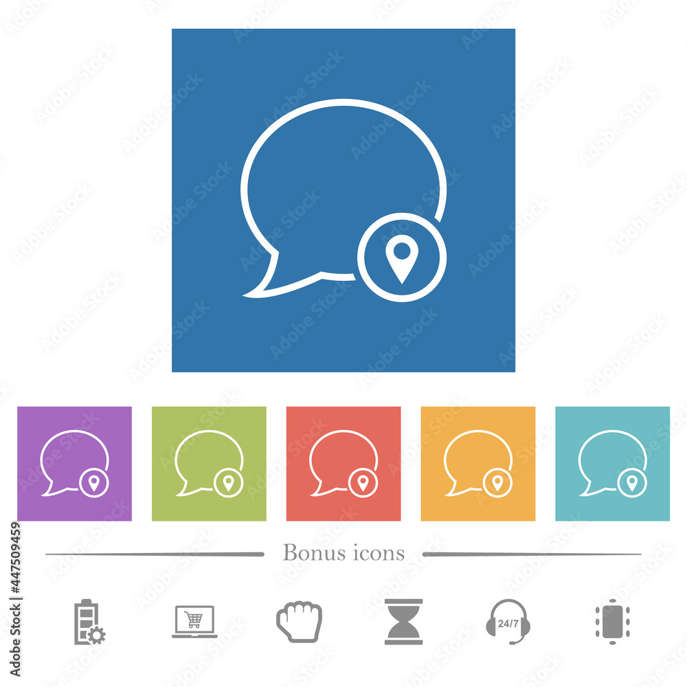 Poster message location outline flat white icons in square backgrounds