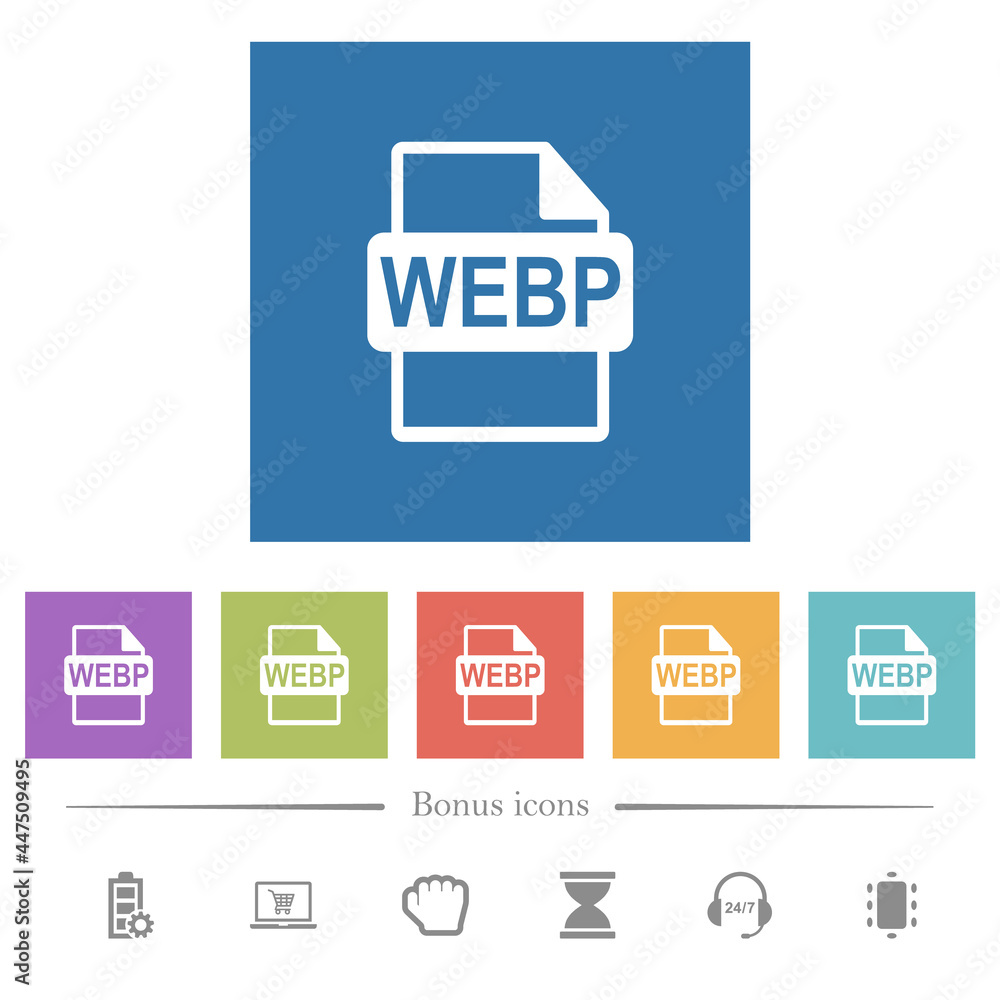 Poster webp file format flat white icons in square backgrounds