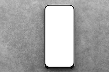 Mockup of a smartphone with a white screen on a gray textured background. Concrete background. 3D rendering.