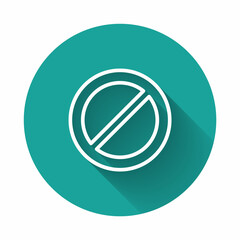 White line Ban icon isolated with long shadow. Stop symbol. Green circle button. Vector