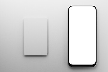 White screen smartphone mockup on white textured paper background. Business card, bank card, credit card mockup 3D rendering.
