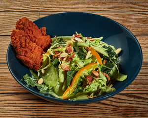 Fried chicken fillet in breading with vegetable salad