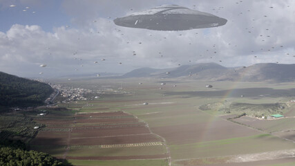 ufo's Armada fleet heading toward mother ship,aerial view 
Flying saucer over Canyon, Golan Heights...