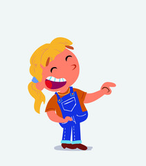 cartoon character of little girl on jeans points to his side while laughing.