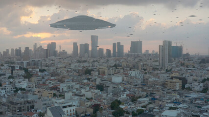 Alien invasion over large city aerial view
ufo's Armada fleet heading toward mother ship,tel...
