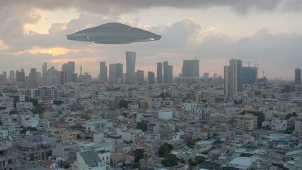 Alien invasion over large city aerial view
Large mother ship over tel aviv city,drone view 
