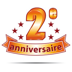 Deuxième anniversaire ! Joyeux anniversaire. Célébration des deux ans. Icône vectoriel en français.