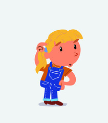 funny cartoon character of little girl on jeans doubting.