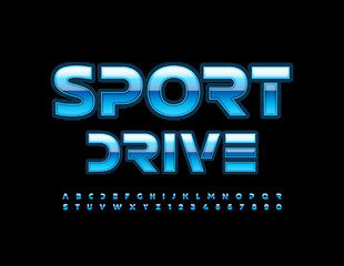 Vector futuristic sign Sport Drive. Digital style Font. Blue techno Alphabet Letters and Numbers seе