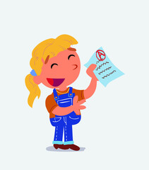 happy cartoon character of little girl on jeans explaining something with exam in hand.