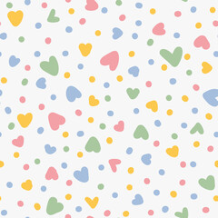 Cute hearts and dots seamless repeat pattern. Random placed and colorful, vector love and geometrical elements all over surface print on white background.