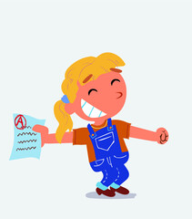 happy cartoon character of little girl on jeans rejoices with exam in hand.