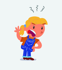 Indigned cartoon character of little girl on jeans vehemently shakes his hand.
