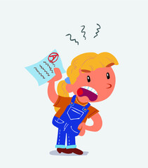 little girl on jeans waving a exam angrily.