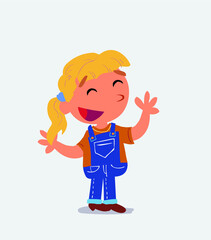 Pleased cartoon character of little girl on jeans explaining something.