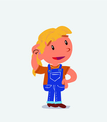 Thoughtful cartoon character of little girl on jeans scratching his head.
