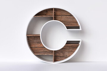 3D wood letter C in the shape of a showcase. Shelving design style nice to display books, decorative items or products for sale. High quality 3D rendering.