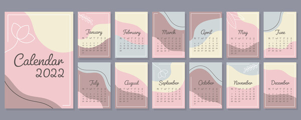 Abstract calendar 2022 in A4 format. Set of 12 pages and cover. Week starts on Monday. Vertical template in trendy pastel colors. Vector illustration.