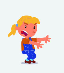 Very angry cartoon character of little girl on jeans pointing at something at side.