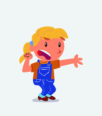 Very angry cartoon character of little girl on jeans pointing at something.