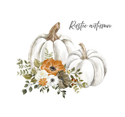 Beautiful pastel pumpkins floral arrangement in rustic style. Hand painted white pumpkin with rust burnt orange, white flowers and dry leaves, isolated on white background. Thanksgiving day card. - 447510871