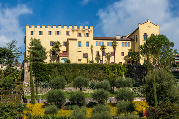 Merano, Italy. 10-07-2020. View of Trauttmansdorff castle, of Sissi empress at  Merano, Italy - obrazy, fototapety, plakaty