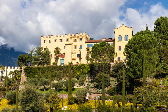Merano, Italy. 10-07-2020. View of Trauttmansdorff castle, of Sissi empress at  Merano, Italy