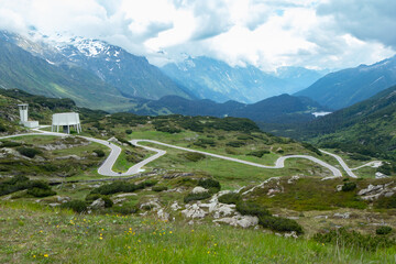 Fototapeta na wymiar View fromSan Bernardino pass, Switzerland towards the serpentines of the street
