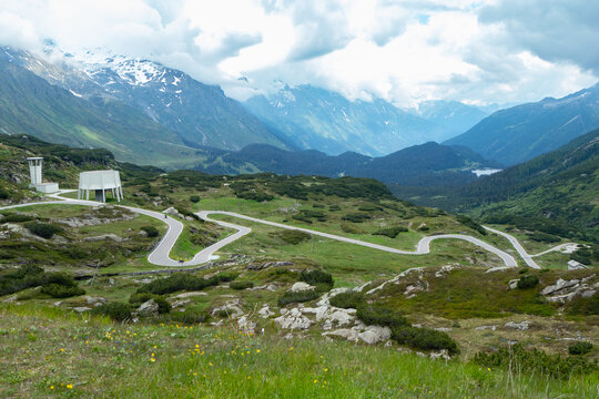 View fromSan Bernardino pass, Switzerland towards the serpentines of the street