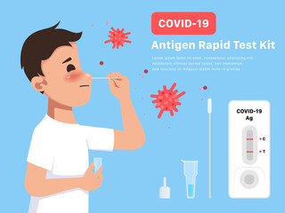 Young man using covid-19 antigen test kit. Self-administrated swab.