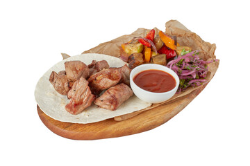 Grilled meat with vegetables, restaurant dish, image isolate