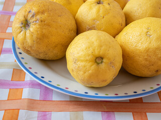 Close up of organic lemons in a colorful dish, on top of a table. Useful as a floral background.
