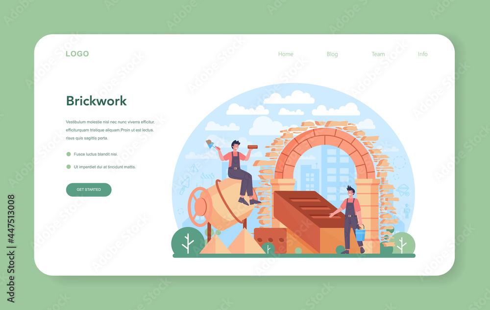Poster bricklayer web banner or landing page. professional builder constructing