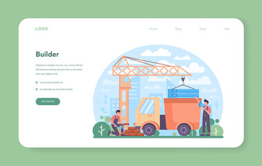 House building web banner or landing page. Workers constructing home