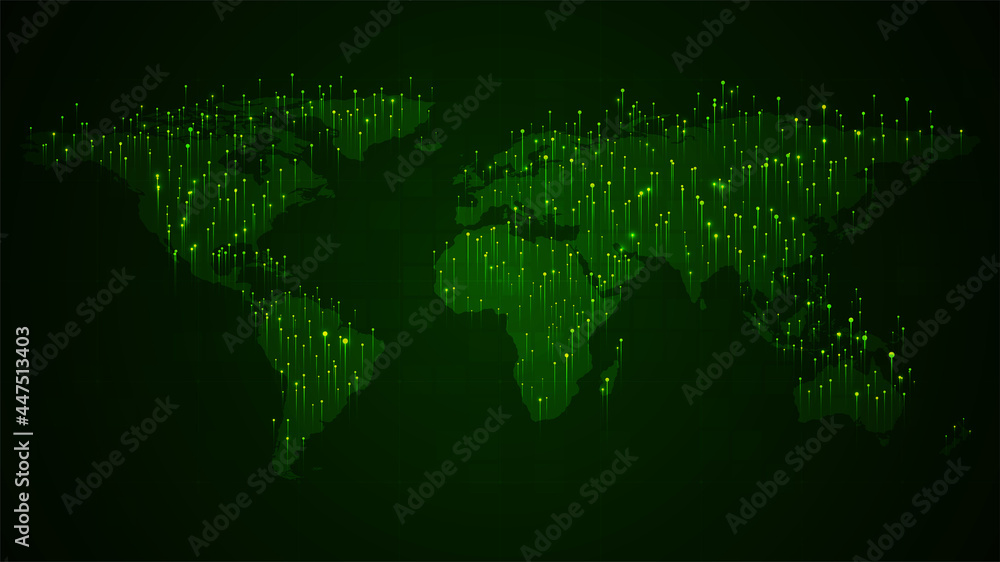 Aufkleber big data visualization concept. technology background. world map on green background.