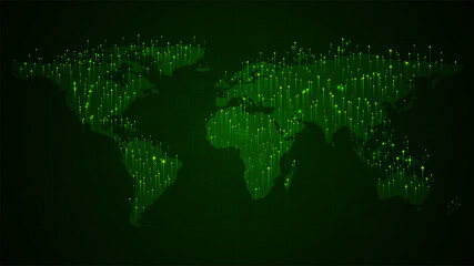 Big data visualization concept. Technology background. World map on green background.