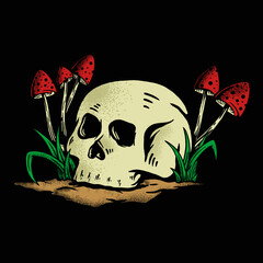 Head skeleton with mushroom plant, for design tshirt and merch