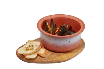 Mussels in sauce, restaurant dish, image isolate