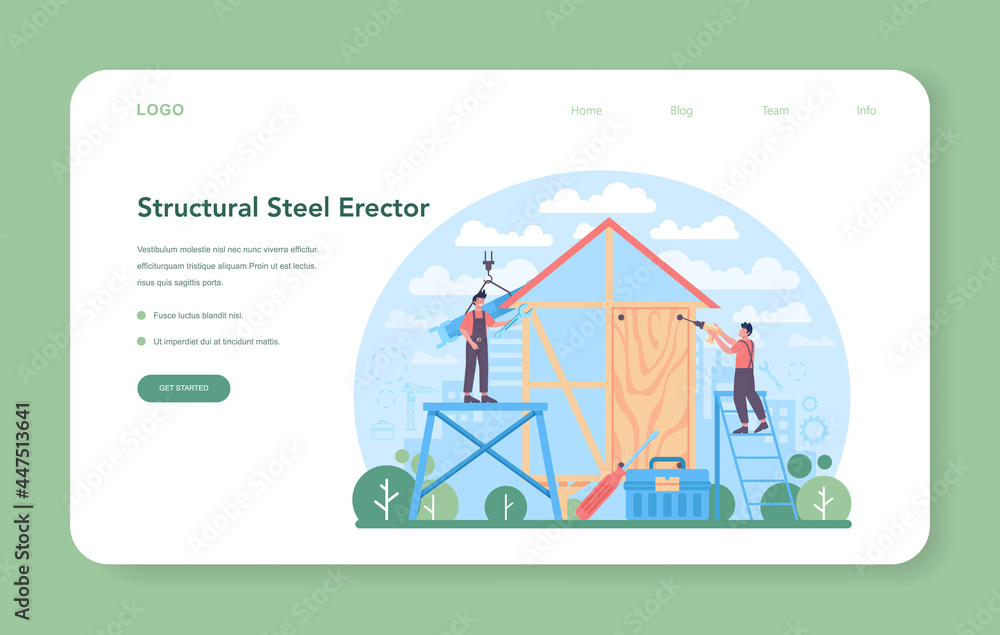Poster installer web banner or landing page. worker in uniform installing