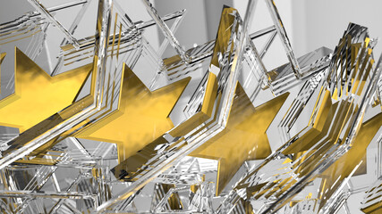 gold star with glass stars on a white and glass background. 3d render