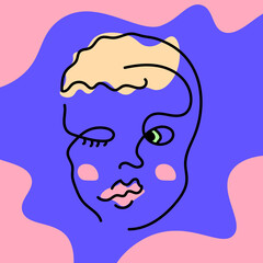 Line art and abstract face of sad girl doll