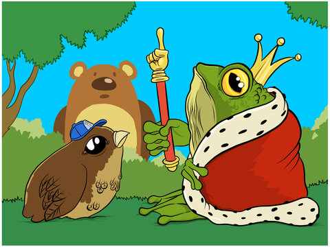 A forest with a king Toad with a little bird with a cap and a bear in the background. Vector illustration