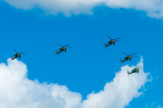 May 7, 2021, Moscow, Russia. Mi-28N "Night Hunter" attack helicopters over Red Square in Moscow.