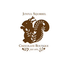 Chocolate Boutique Premade Logo Design. Joyful Squirrel. Black and white colors. Isolated background. Hand-drawn Stamp silhouette. Farmhouse decor. Farmers market brand. Vector